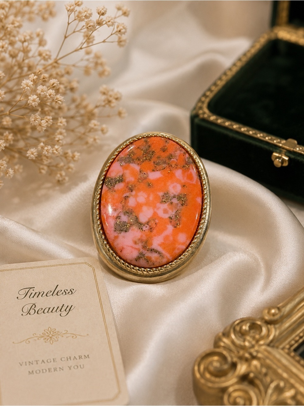 Sarah Coventry Coraline Brooch Pendant Gold Tone Oval Peach Orange Glitter